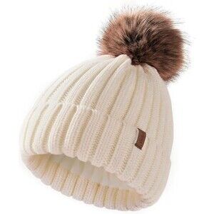 Furtalk Toddler's, Baby, soft, warm Ivory Beanie with Detachable Pom Pom New